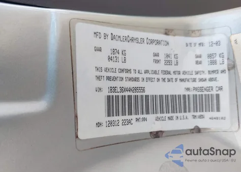 2004 Dodge Stratus Se z USA, uszkodzony, nr VIN 1B3EL36X44N285556